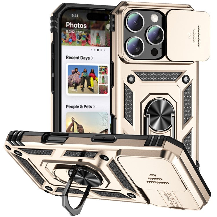 For iPhone 16 Pro Case Ring Kickstand PC+TPU Phone Cover with Camshield - Gold