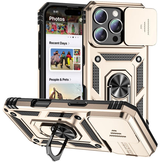 For iPhone 16 Pro Case Ring Kickstand PC+TPU Phone Cover with Camshield - Gold