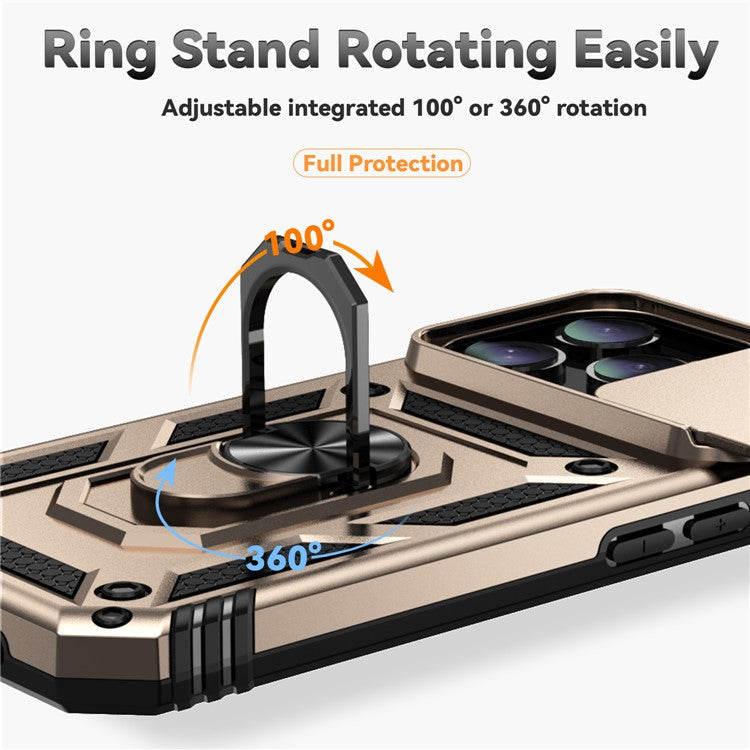 For iPhone 16 Pro Case Ring Kickstand PC+TPU Phone Cover with Camshield - Gold