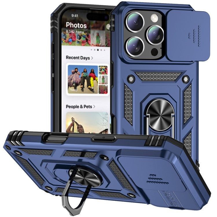 For iPhone 16 Pro Case Ring Kickstand PC+TPU Phone Cover with Camshield - Blue