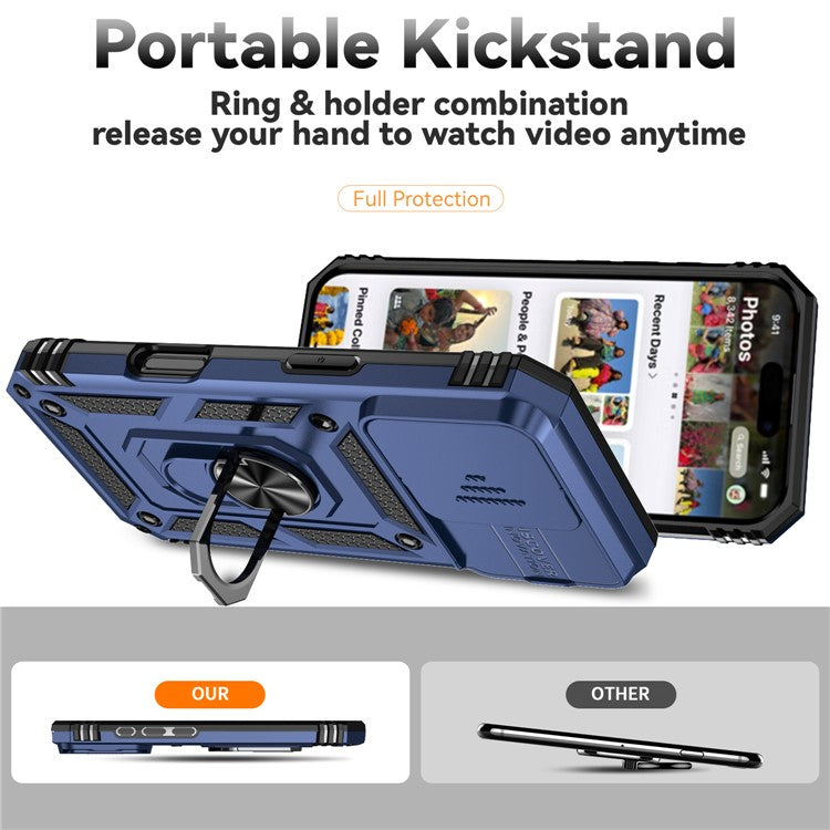For iPhone 16 Pro Case Ring Kickstand PC+TPU Phone Cover with Camshield - Blue