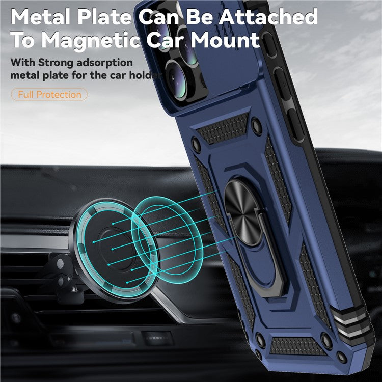 For iPhone 16 Pro Case Ring Kickstand PC+TPU Phone Cover with Camshield - Blue