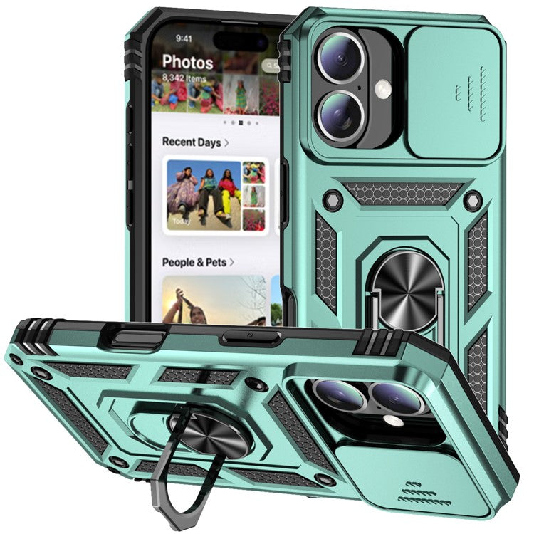 For iPhone 16 Case Ring Holder Kickstand Camshield PC+TPU Phone Cover - Blackish Green