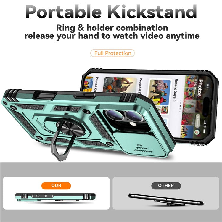For iPhone 16 Case Ring Holder Kickstand Camshield PC+TPU Phone Cover - Blackish Green