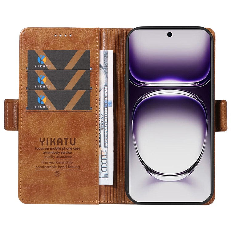 YIKATU YK-007 For Oppo Reno12 5G (Global) Phone Case Anti-Drop PU Leather Stand Wallet Cover - Brown