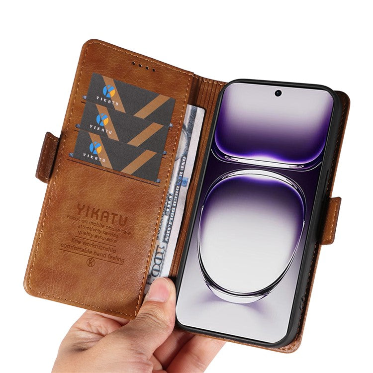 YIKATU YK-007 For Oppo Reno12 5G (Global) Phone Case Anti-Drop PU Leather Stand Wallet Cover - Brown