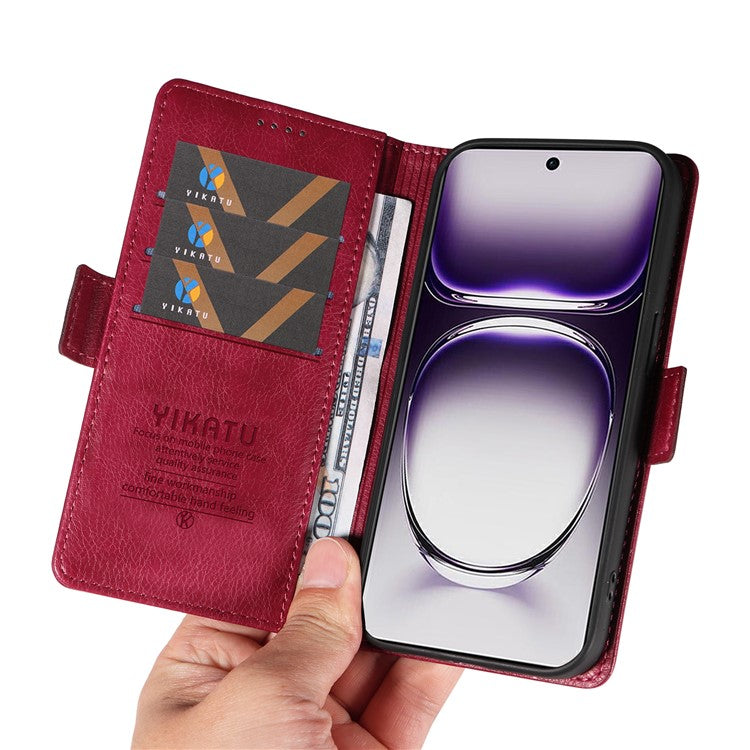 YIKATU YK-007 For Oppo Reno12 5G (Global) Phone Case Anti-Drop PU Leather Stand Wallet Cover - Wine Red