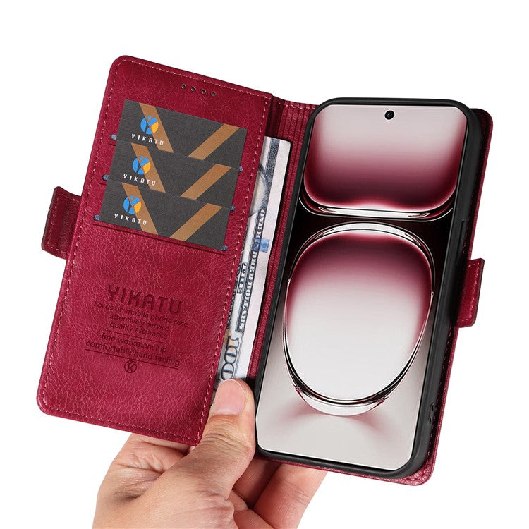 YIKATU YK-007 For Oppo Reno12 Pro 5G (Global) / (China) Phone Case Litchi Texture Leather Cover - Wine Red