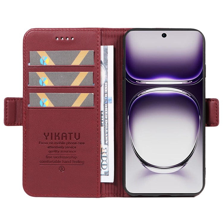 YIKATU YK-003 For Oppo Reno12 5G (Global) Case Magnetic Side Clasps Leather Wallet Phone Cover - Wine Red