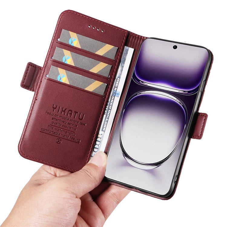 YIKATU YK-003 For Oppo Reno12 5G (Global) Case Magnetic Side Clasps Leather Wallet Phone Cover - Wine Red