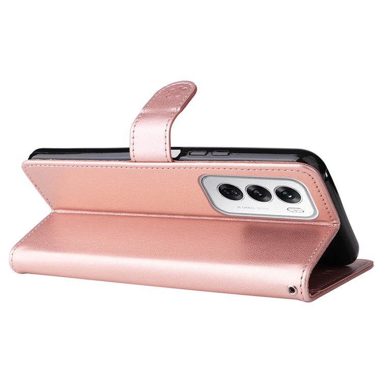 KT Imprinting Flower Series-4 For Oppo Reno12 5G (Global) Phone Case Imprinted Anti-Drop Leather Stand Cover - Rose Gold