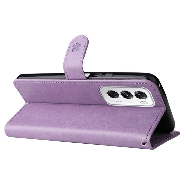 KT Imprinting Flower Series-4 For Oppo Reno12 5G (Global) Phone Case Imprinted Anti-drop Leather Stand Cover - Light Purple