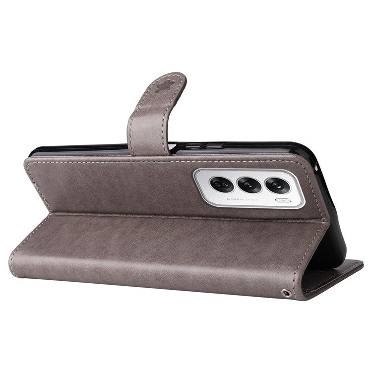 KT Imprinting Flower Series-4 For Oppo Reno12 5G (Global) Phone Case Imprinted Anti-drop Leather Stand Cover - Grey