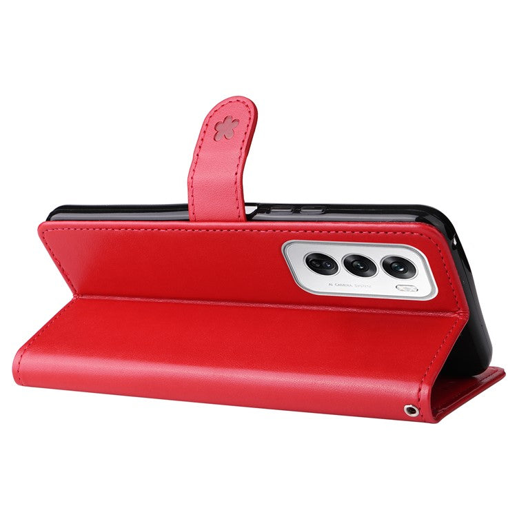 KT Imprinting Flower Series-4 For Oppo Reno12 5G (Global) Phone Case Imprinted Anti-drop Leather Stand Cover - Red