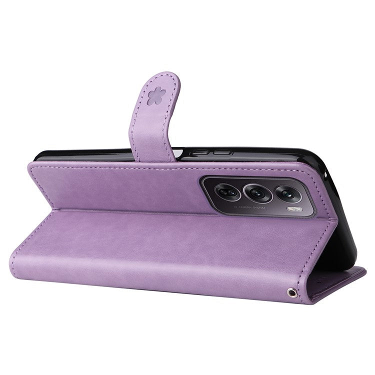 KT Imprinting Flower Series-4 For Oppo Reno12 Pro 5G (Global) / (China) Phone Case Cat Pattern Leather Wallet Cover - Light Purple