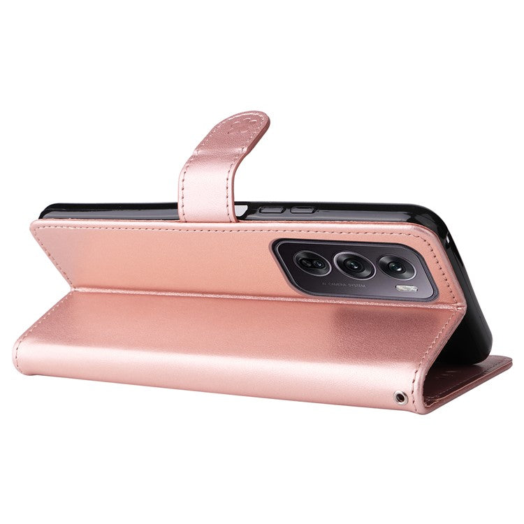 KT Imprinting Flower Series-4 For Oppo Reno12 Pro 5G (Global) / (China) Phone Case Cat Pattern Leather Wallet Cover - Rose Gold
