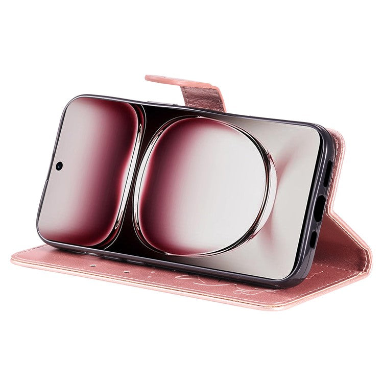 KT Imprinting Flower Series-4 For Oppo Reno12 Pro 5G (Global) / (China) Phone Case Cat Pattern Leather Wallet Cover - Rose Gold
