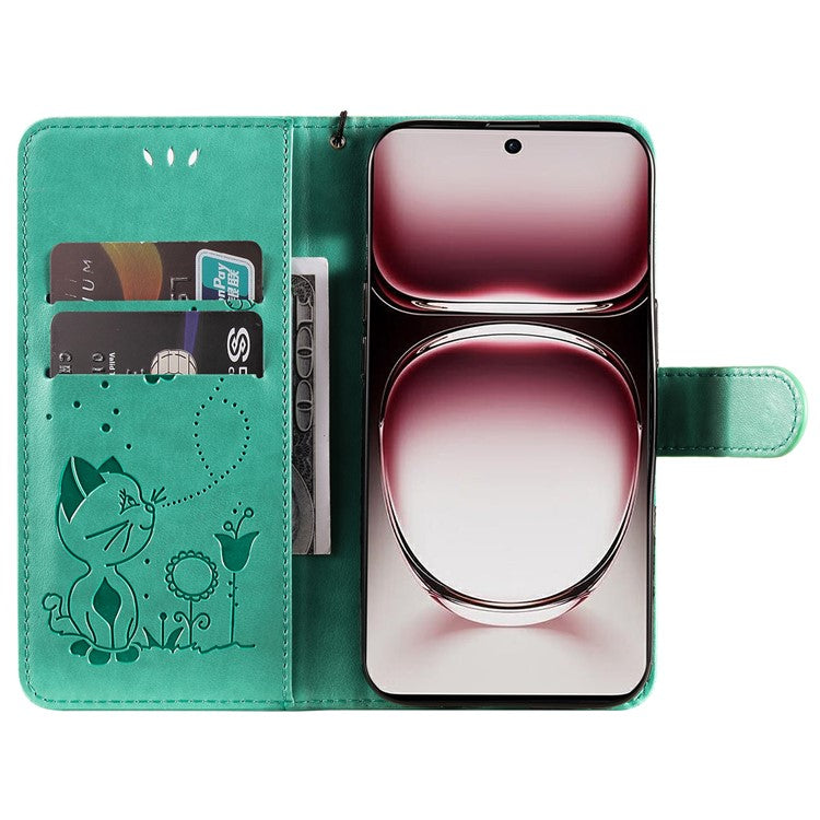 KT Imprinting Flower Series-4 For Oppo Reno12 Pro 5G (Global) / (China) Phone Case Cat Pattern Leather Wallet Cover - Green