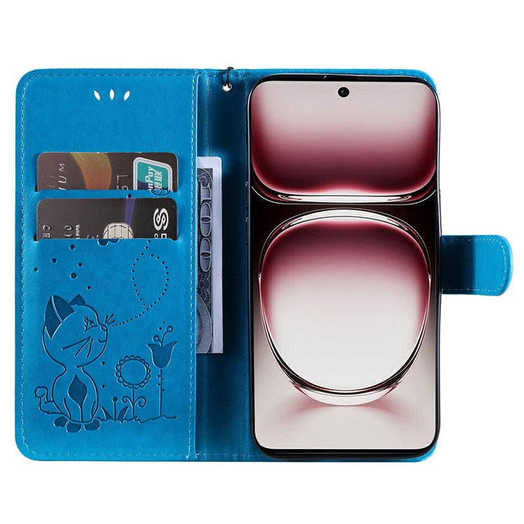 KT Imprinting Flower Series-4 For Oppo Reno12 Pro 5G (Global) / (China) Phone Case Cat Pattern Leather Wallet Cover - Blue