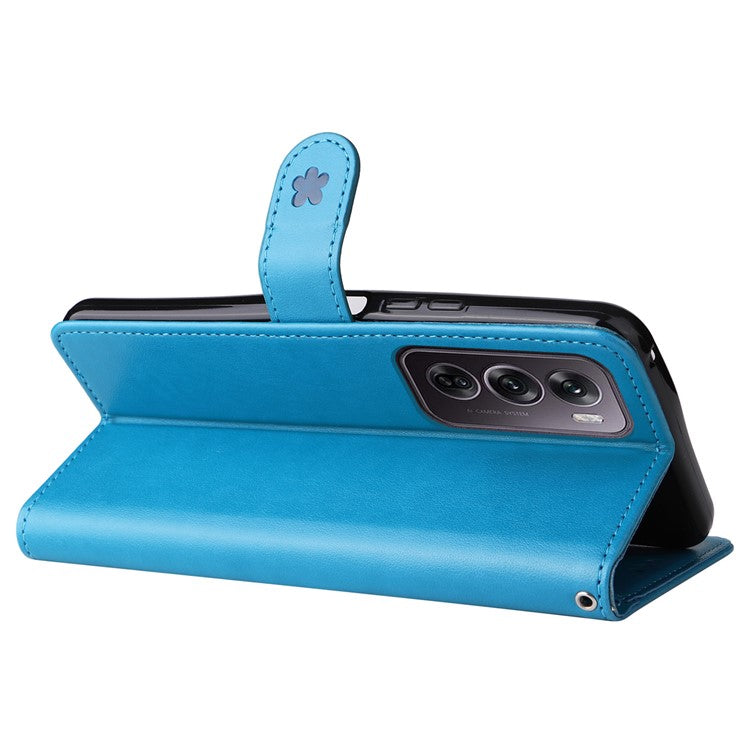 KT Imprinting Flower Series-4 For Oppo Reno12 Pro 5G (Global) / (China) Phone Case Cat Pattern Leather Wallet Cover - Blue