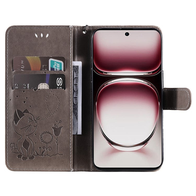 KT Imprinting Flower Series-4 For Oppo Reno12 Pro 5G (Global) / (China) Phone Case Cat Pattern Leather Wallet Cover - Grey