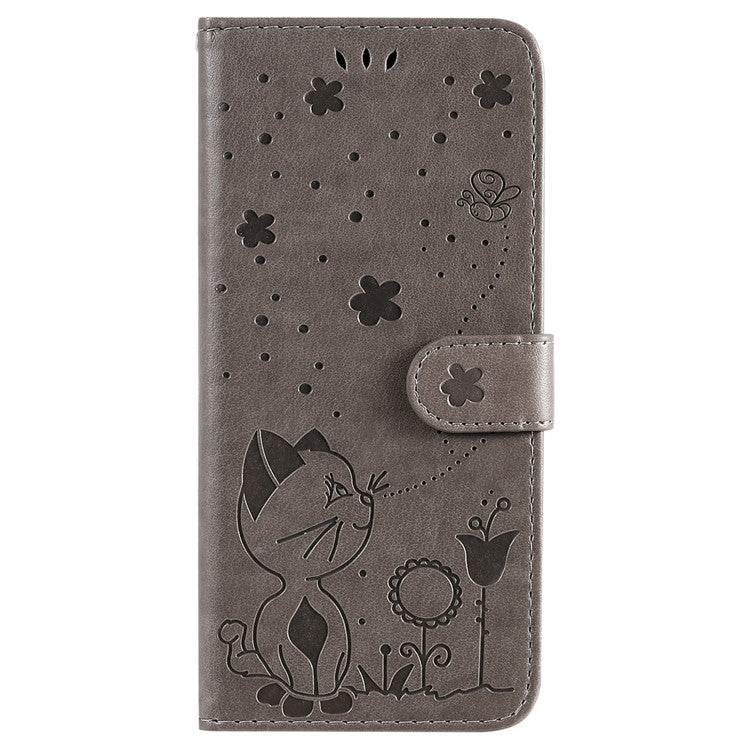 KT Imprinting Flower Series-4 For Oppo Reno12 Pro 5G (Global) / (China) Phone Case Cat Pattern Leather Wallet Cover - Grey