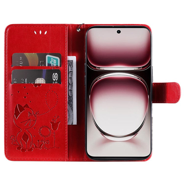 KT Imprinting Flower Series-4 For Oppo Reno12 Pro 5G (Global) / (China) Phone Case Cat Pattern Leather Wallet Cover - Red