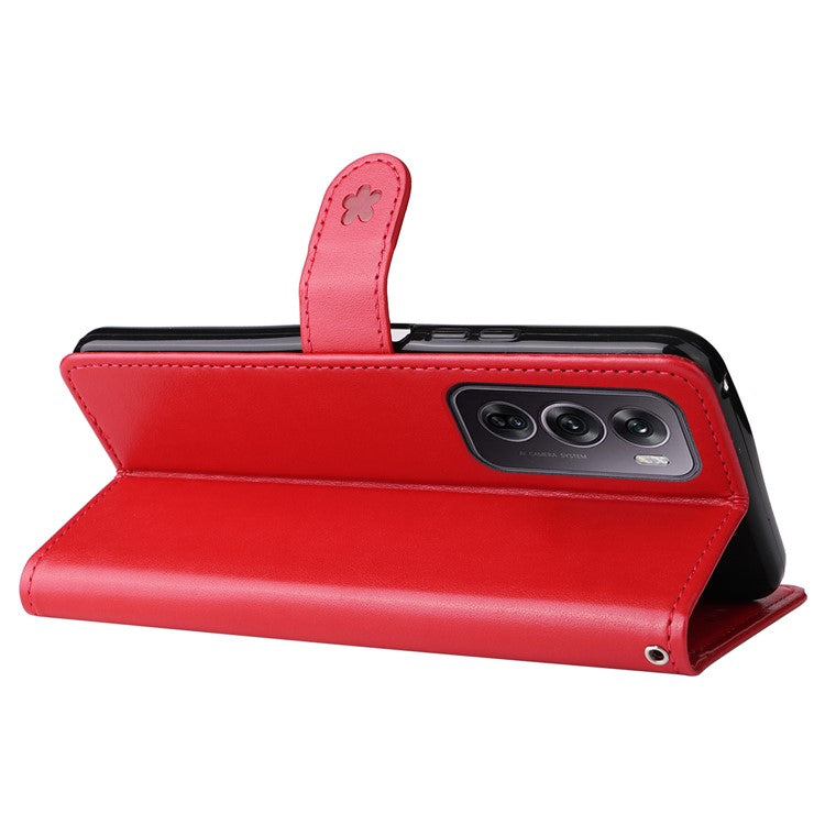 KT Imprinting Flower Series-4 For Oppo Reno12 Pro 5G (Global) / (China) Phone Case Cat Pattern Leather Wallet Cover - Red