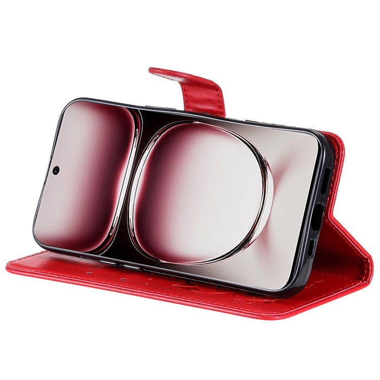 KT Imprinting Flower Series-4 For Oppo Reno12 Pro 5G (Global) / (China) Phone Case Cat Pattern Leather Wallet Cover - Red