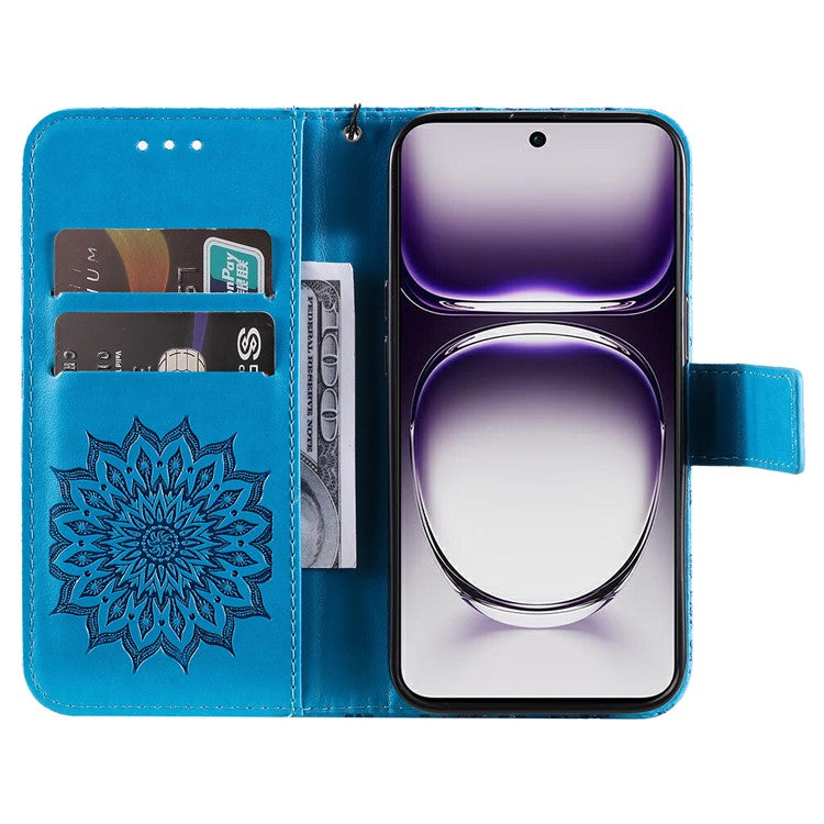 KT Imprinting Flower Series-1 For Oppo Reno12 5G (Global) Case Sunflower Pattern Leather Wallet Phone Cover - Blue