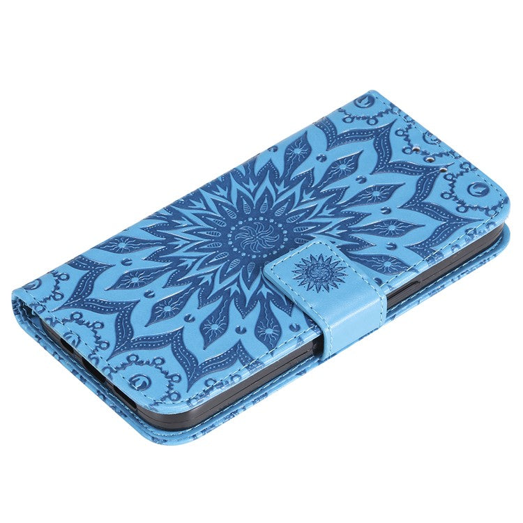 KT Imprinting Flower Series-1 For Oppo Reno12 5G (Global) Case Sunflower Pattern Leather Wallet Phone Cover - Blue