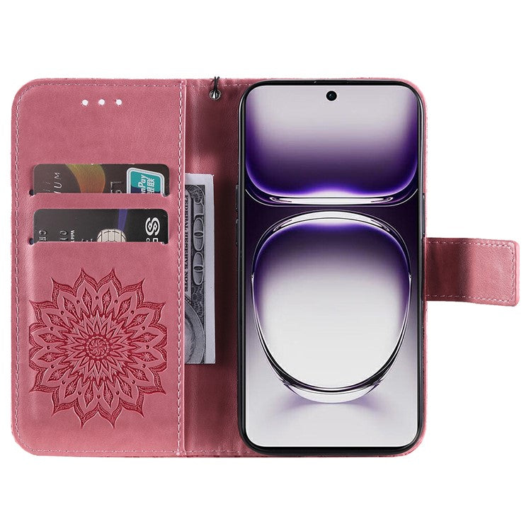 KT Imprinting Flower Series-1 For Oppo Reno12 5G (Global) Case Sunflower Pattern Leather Wallet Phone Cover - Pink