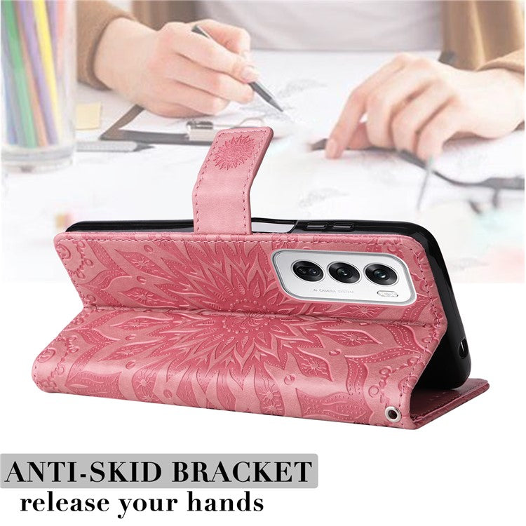 KT Imprinting Flower Series-1 For Oppo Reno12 5G (Global) Case Sunflower Pattern Leather Wallet Phone Cover - Pink