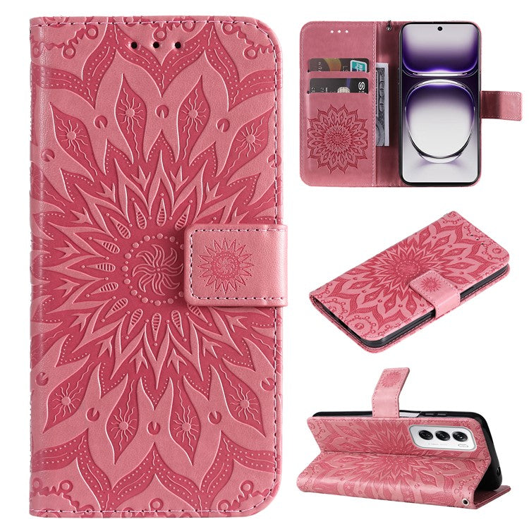 KT Imprinting Flower Series-1 For Oppo Reno12 5G (Global) Case Sunflower Pattern Leather Wallet Phone Cover - Pink