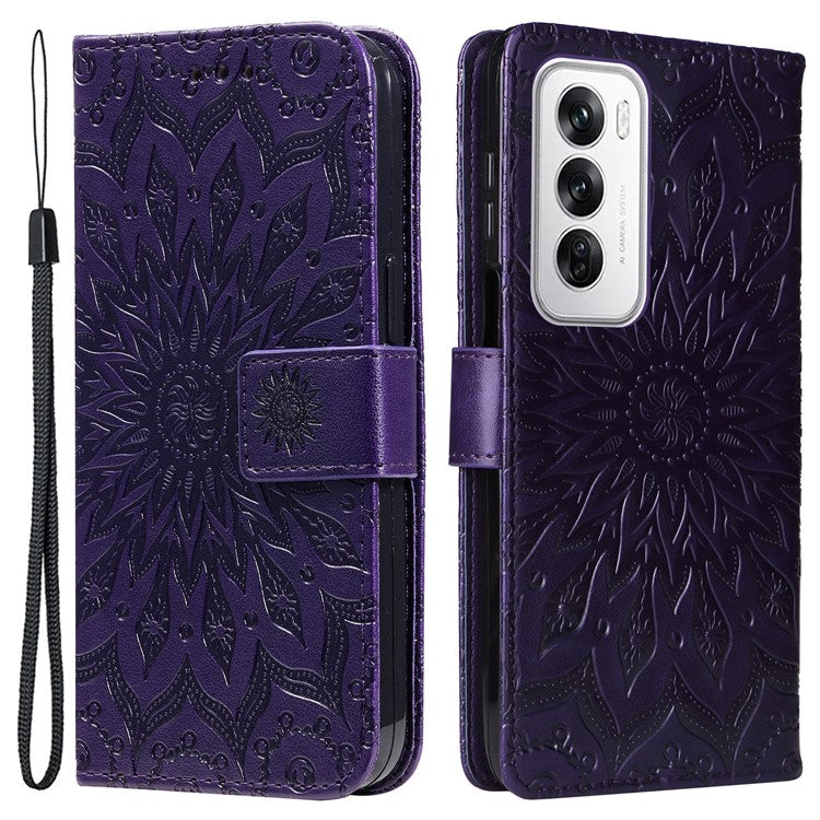 KT Imprinting Flower Series-1 For Oppo Reno12 5G (Global) Case Sunflower Pattern Leather Wallet Phone Cover - Purple