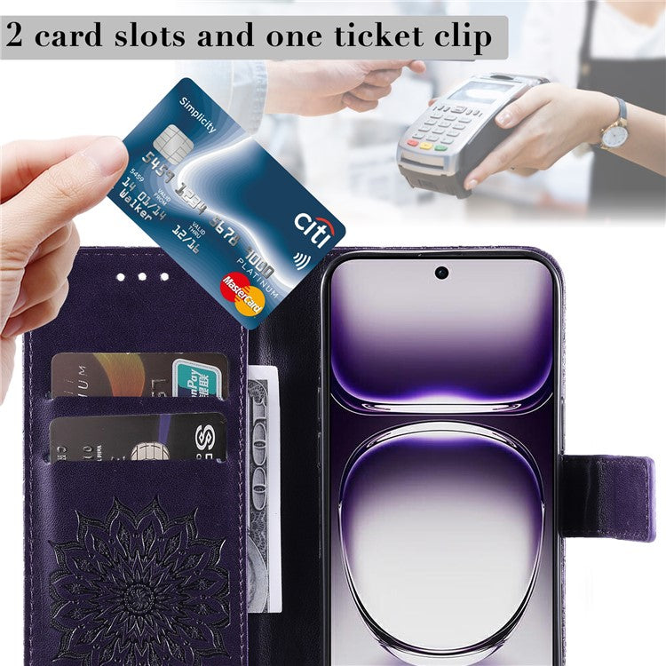 KT Imprinting Flower Series-1 For Oppo Reno12 5G (Global) Case Sunflower Pattern Leather Wallet Phone Cover - Purple