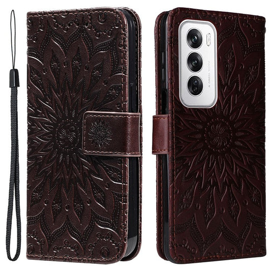 KT Imprinting Flower Series-1 For Oppo Reno12 5G (Global) Case Sunflower Pattern Leather Wallet Phone Cover - Brown