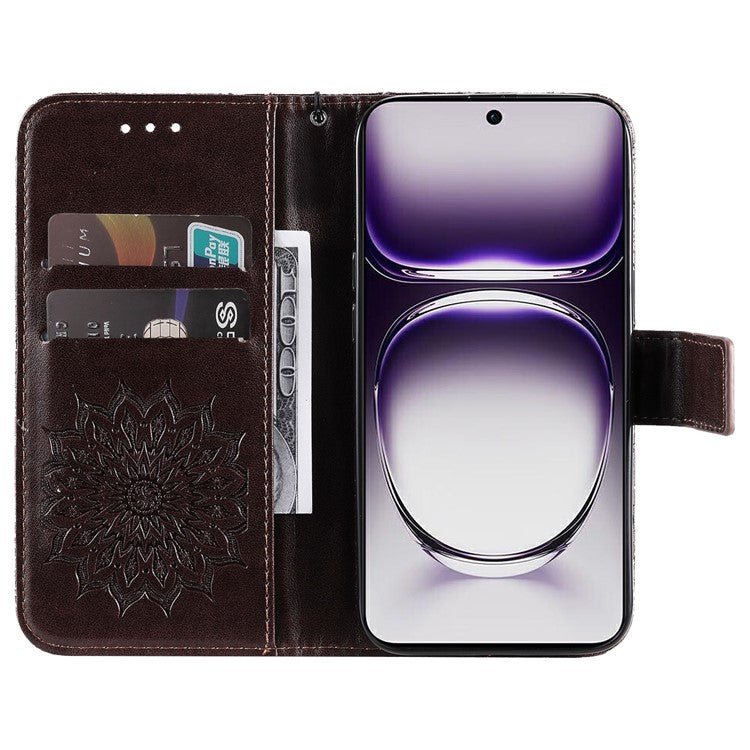 KT Imprinting Flower Series-1 For Oppo Reno12 5G (Global) Case Sunflower Pattern Leather Wallet Phone Cover - Brown