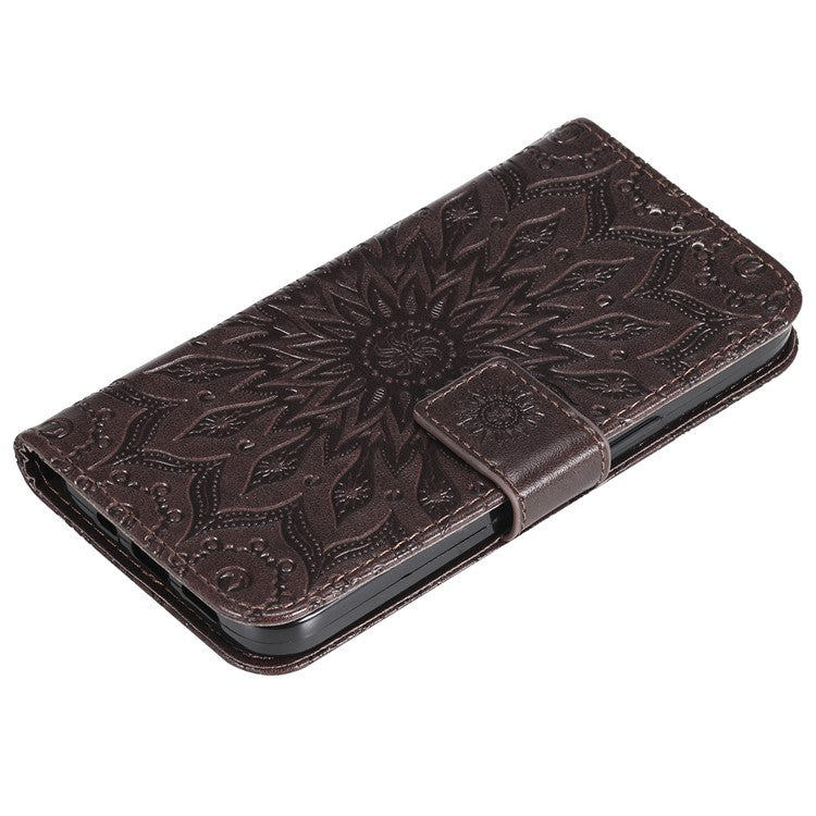 KT Imprinting Flower Series-1 For Oppo Reno12 5G (Global) Case Sunflower Pattern Leather Wallet Phone Cover - Brown