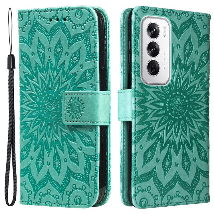 KT Imprinting Flower Series-1 For Oppo Reno12 5G (Global) Case Sunflower Pattern Leather Wallet Phone Cover - Green