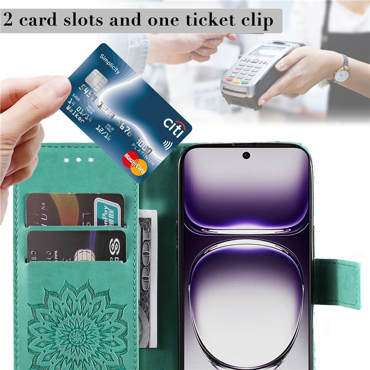 KT Imprinting Flower Series-1 For Oppo Reno12 5G (Global) Case Sunflower Pattern Leather Wallet Phone Cover - Green