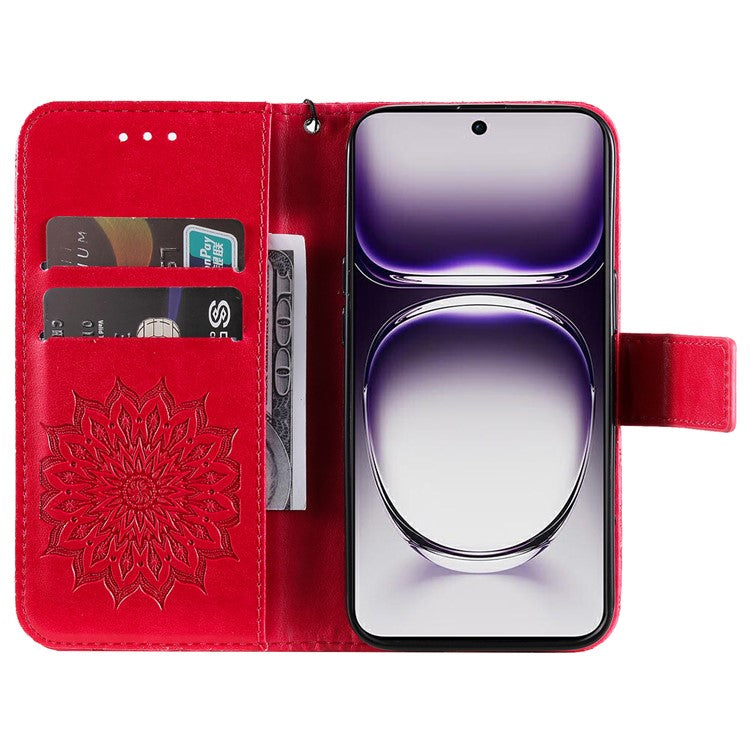 KT Imprinting Flower Series-1 For Oppo Reno12 5G (Global) Case Sunflower Pattern Leather Wallet Phone Cover - Red