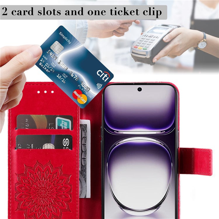 KT Imprinting Flower Series-1 For Oppo Reno12 5G (Global) Case Sunflower Pattern Leather Wallet Phone Cover - Red