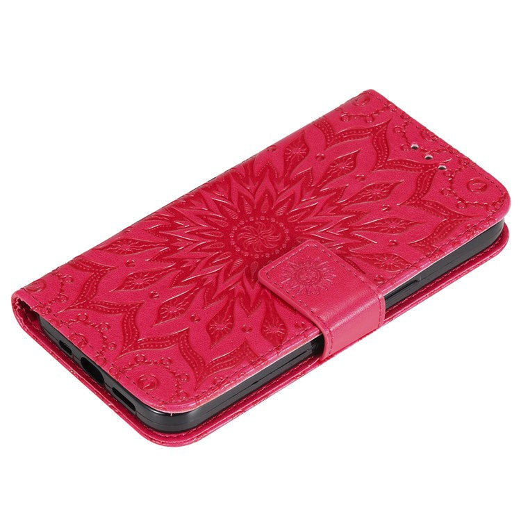 KT Imprinting Flower Series-1 For Oppo Reno12 5G (Global) Case Sunflower Pattern Leather Wallet Phone Cover - Red