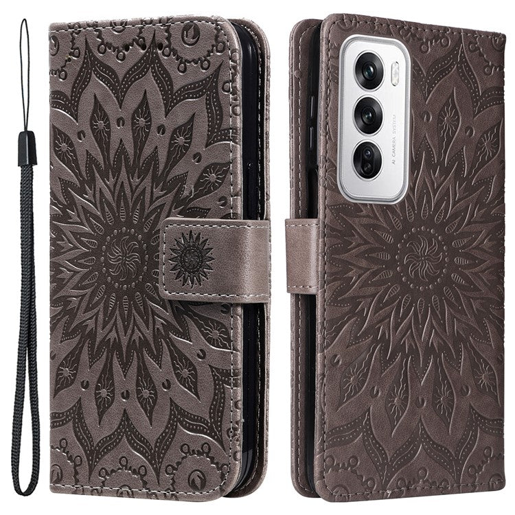 KT Imprinting Flower Series-1 For Oppo Reno12 5G (Global) Case Sunflower Pattern Leather Wallet Phone Cover - Grey