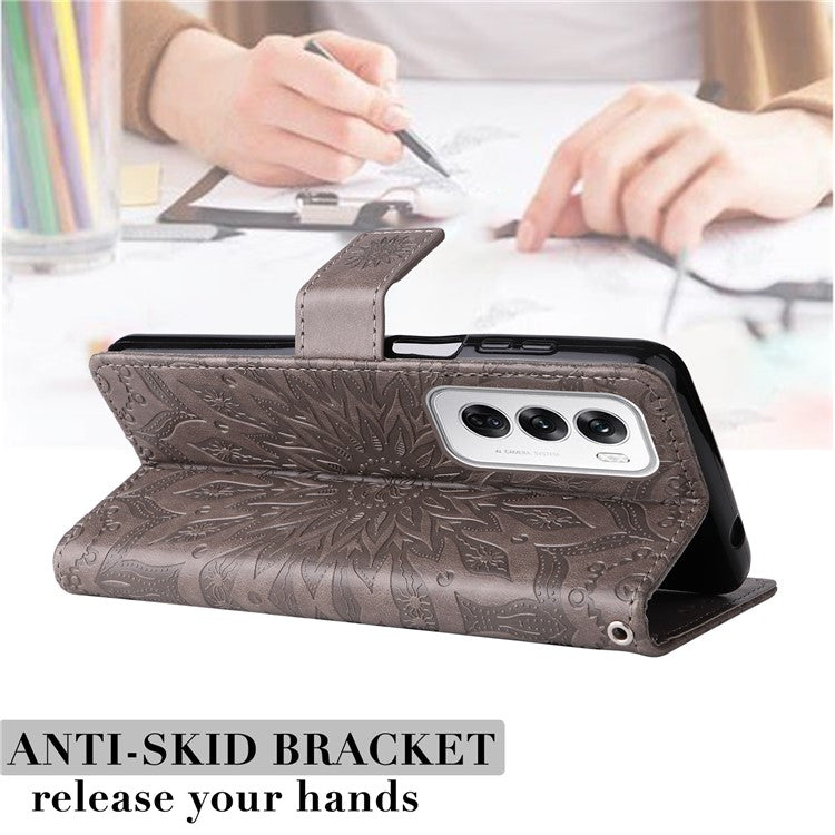 KT Imprinting Flower Series-1 For Oppo Reno12 5G (Global) Case Sunflower Pattern Leather Wallet Phone Cover - Grey
