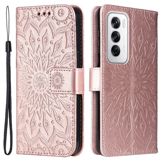 KT Imprinting Flower Series-1 For Oppo Reno12 5G (Global) Case Sunflower Pattern Leather Wallet Phone Cover - Rose Gold