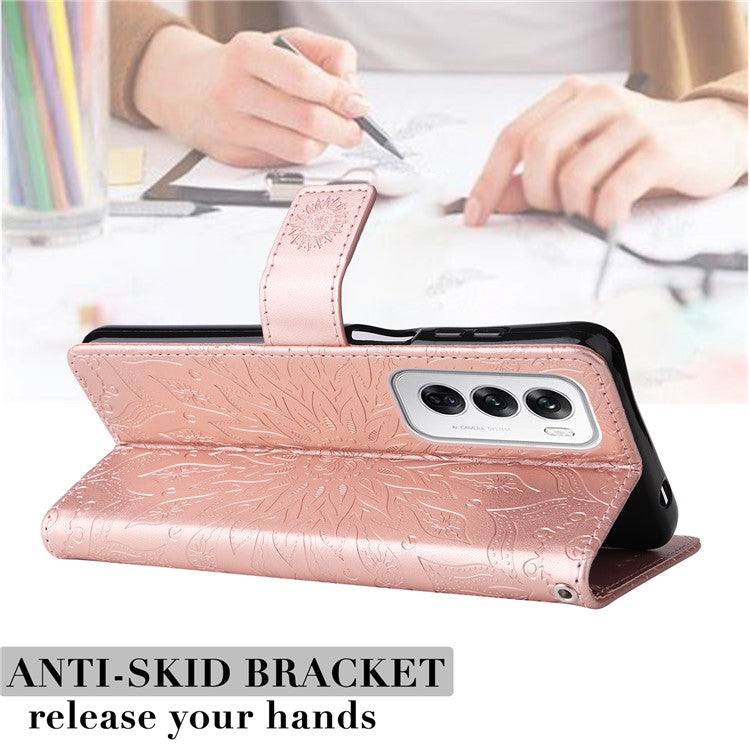 KT Imprinting Flower Series-1 For Oppo Reno12 5G (Global) Case Sunflower Pattern Leather Wallet Phone Cover - Rose Gold