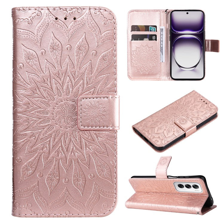 KT Imprinting Flower Series-1 For Oppo Reno12 5G (Global) Case Sunflower Pattern Leather Wallet Phone Cover - Rose Gold