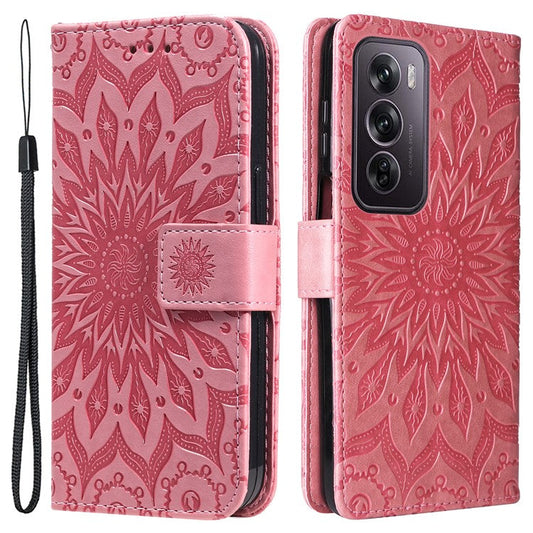 KT Imprinting Flower Series-1 For Oppo Reno12 Pro 5G (Global) / (China) Case Leather Wallet Drop-Proof Phone Cover - Pink